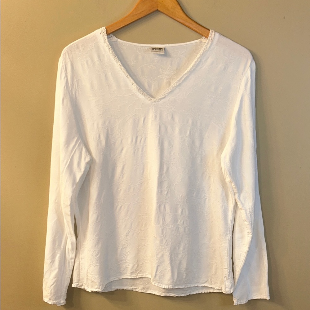 CP Shades White Long Sleeve V-Neck Rayon Shirt - Size Small